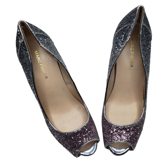 Marc Fisher | Harpy Silver Pink Ombre Glitter Peep Toe Platform Heels Women's 9 - Picture 8 of 13